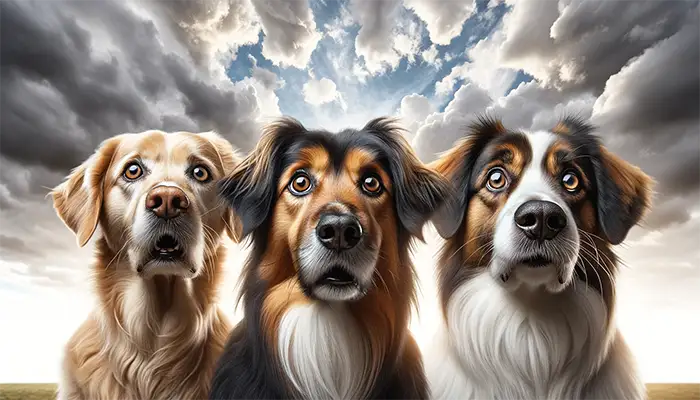 Drie honden van verschillende rassen met verraste uitdrukkingen tegen een achtergrond van een bewolkte lucht, die een mix van nieuwsgierigheid en alertheid tonen.